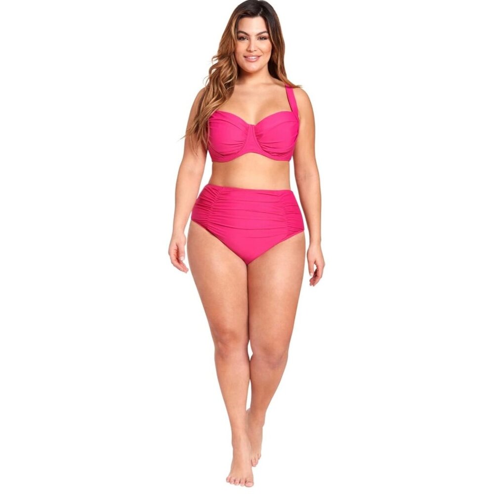 Hot Pink Bikini Set Ruched Swim Bikini Top Lace Up Back High Waisted Bottom 1X